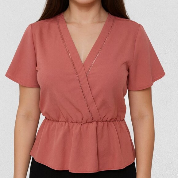 Sienna Sky Dusty Rose Peplum Blouse XS – V-Neck Short Sleeve Top - Picture 1 of 8